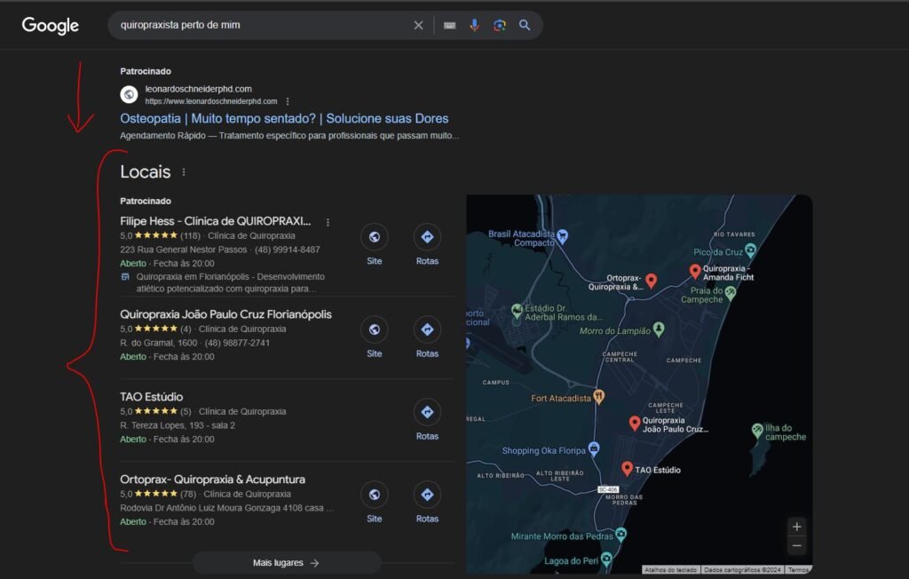 Anúncio no Google Maps para Quiropraxista
